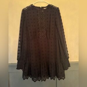 LOVE X DESIGN Black Swiss Dot Lace Boho Mini Dress XL Sheer Sleeve